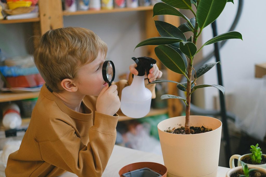 Child inspecting plant with a magnifying glass